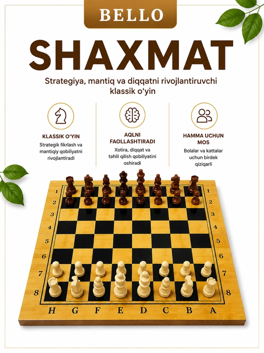 Yog‘ochdan yasalgan shaxmat, shashka va nard o‘yinlari to‘plami - 