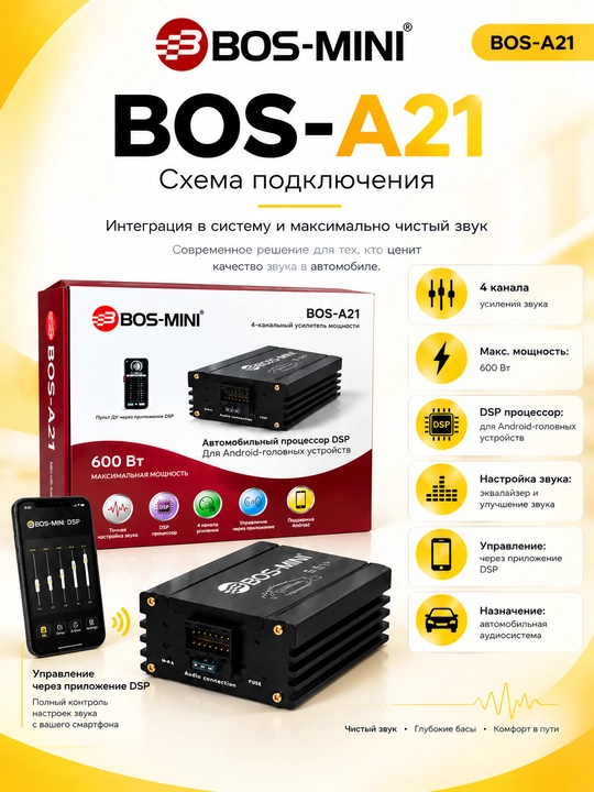 4 kanalli DSP ovoz kuchaytirgich BOS-MINI BOS-A21 600w Android magnitola uchun
