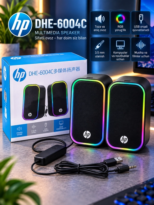 HP DHE-6004C multimedia kolonkasi, RGB yoritish, USB quvvat, 3.5 mm ulanish - 