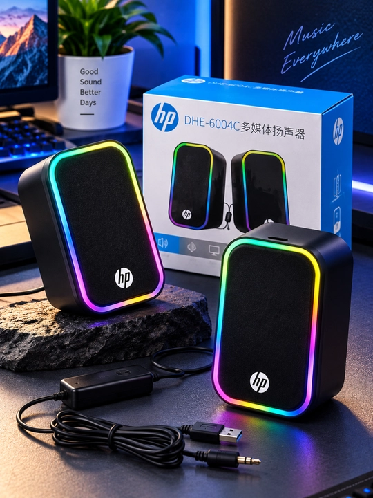 HP DHE-6004C multimedia kolonkasi, RGB yoritish, USB quvvat, 3.5 mm ulanish