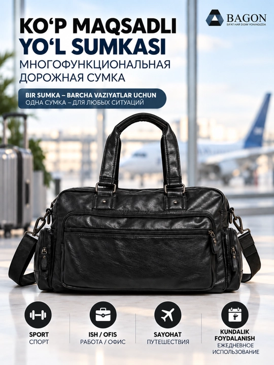 Ko‘p Maqsadli Charm Yo‘l Sumkasi – Sport, Ish, Sayohat va Kundalik Foydalanish Uchun - 
