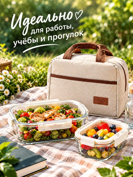 Ланч-бокс с термосумкой, набор для обеда, 2 стеклянных контейнера, герметичные крышки