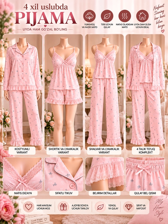 Ayollar uchun 4 talik pijama to‘plami, nafis va qulay tungi kiyim