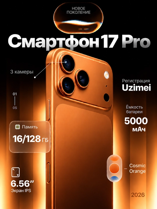 Смартфон 17 pro 16/128 ГБ, 6.56" IPS, 5000 мАч, Android 16, Uzimei - 
