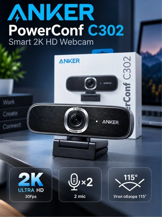 Anker PowerConf C302 veb-kamera, 2K Ultra HD, 30 FPS, 2 mikrofon, 115° ko‘rish burchagi - 