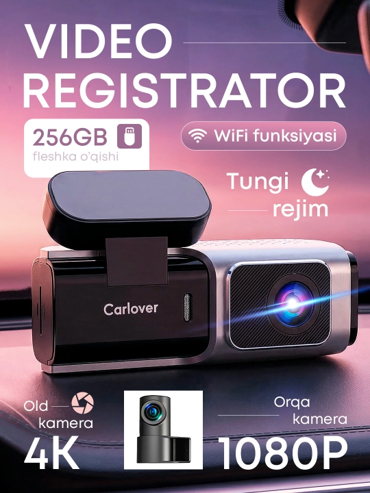 Видеорегистратор 4K Carlover — 2 камеры, Wi-Fi, экран 1.47”, ночное видение, G-Sensor - 