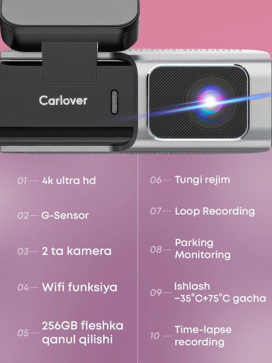 Видеорегистратор 4K Carlover — 2 камеры, Wi-Fi, экран 1.47”, ночное видение, G-Sensor