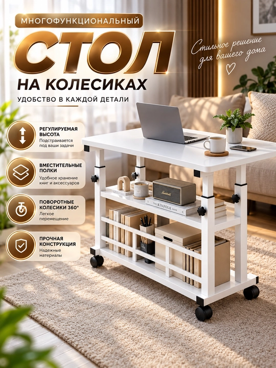 Многофункциональный стол на колёсиках — удобство в каждой детали 80*40 см - 