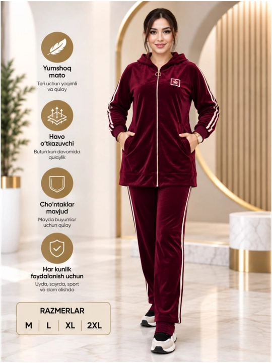 Ayollar to‘plami, qishgi dvoyka, sport uslubi, uy va ko‘cha uchun, qizlar kiyimi, uy xalat