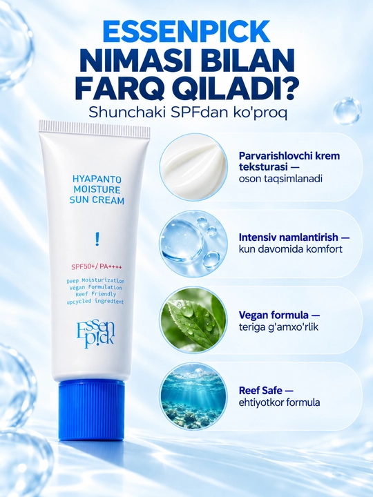 Essenpick SPF krem 50+ PA++++, namlantiruvchi va quyoshdan saqlovchi yuz kremi, 50 ml