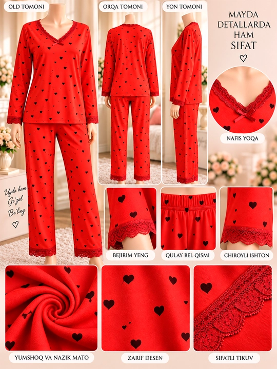 Ayollar uchun qizil yurakchali pijama