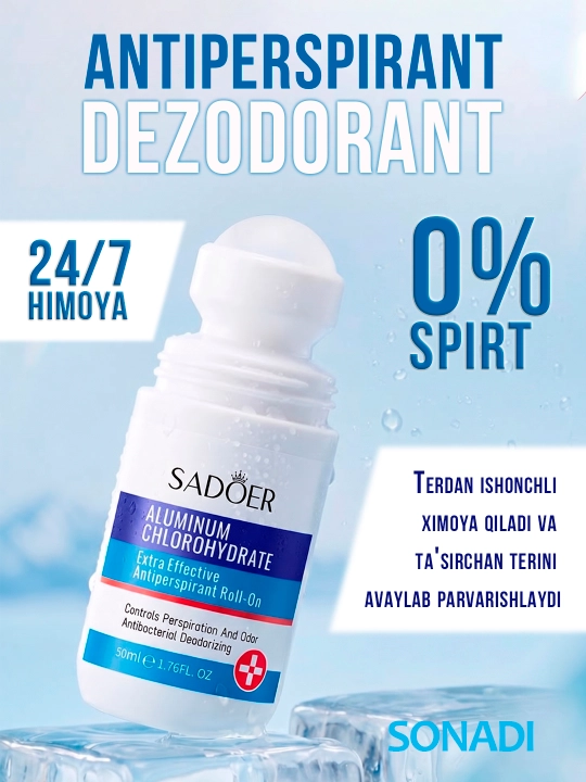 SADOER terlash va hidga qarshi sharikli dezodorant-antiperspirant, 50 ml