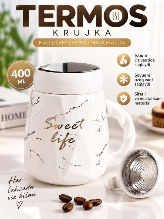 Choy va qahva uchun marmar naqshli qopqoq va tutqichli krujka, 400 ml - 