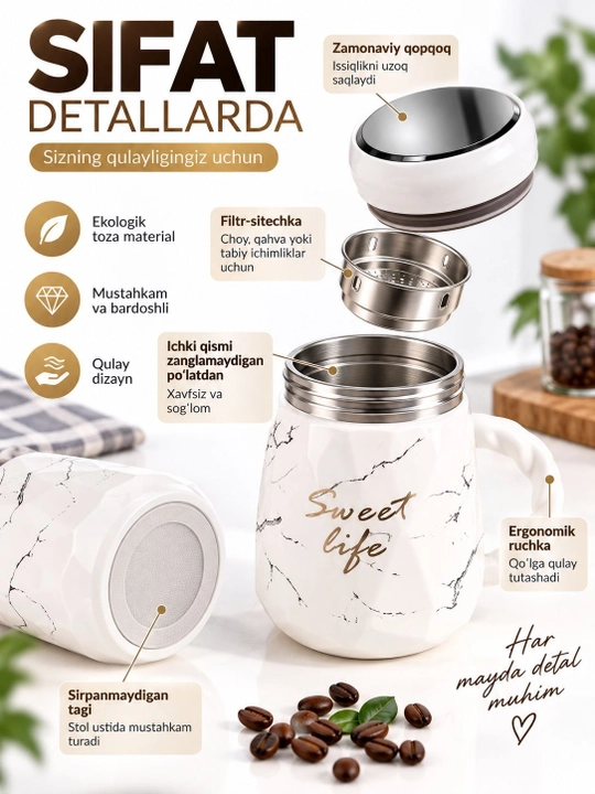 Choy va qahva uchun marmar naqshli qopqoq va tutqichli krujka, 400 ml