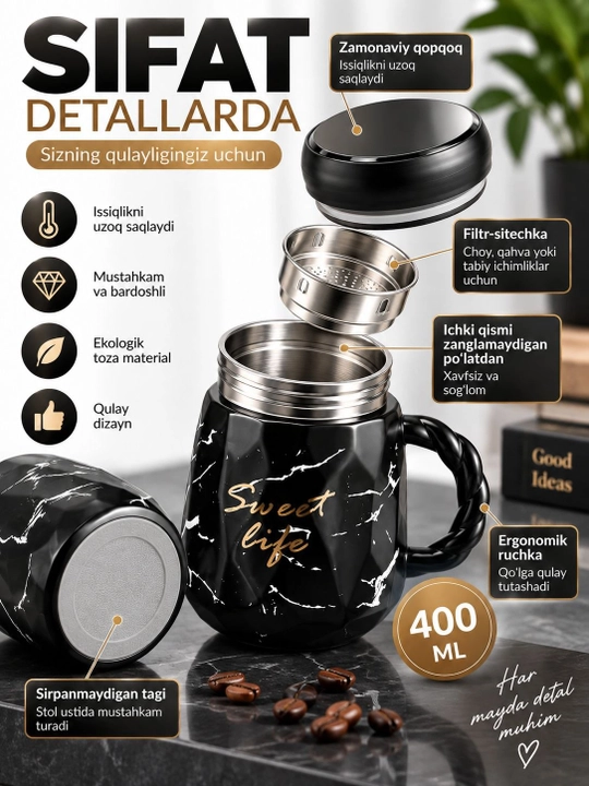 Choy va qahva uchun marmar naqshli qopqoq va tutqichli krujka, 400 ml