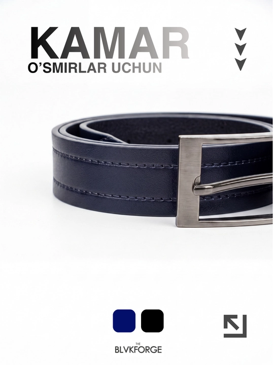 O‘smirlar uchun kamar, charm, klassik, 100 sm, kengligi 3 sm, qora/to‘q ko‘k, maktab uchun - 