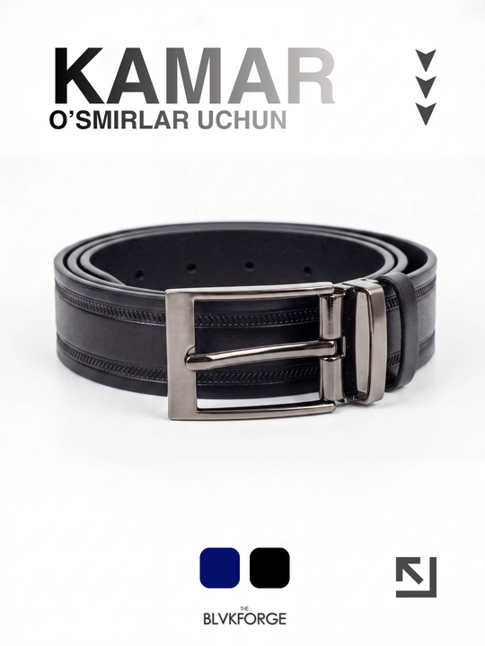O‘smirlar uchun kamar, charm, klassik, 100 sm, kengligi 3 sm, qora/to‘q ko‘k, maktab uchun - 