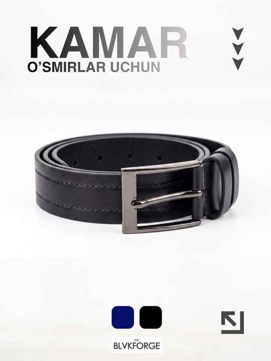 O‘smirlar uchun kamar, charm, klassik, 100 sm, kengligi 3 sm, qora/to‘q ko‘k, maktab uchun - 