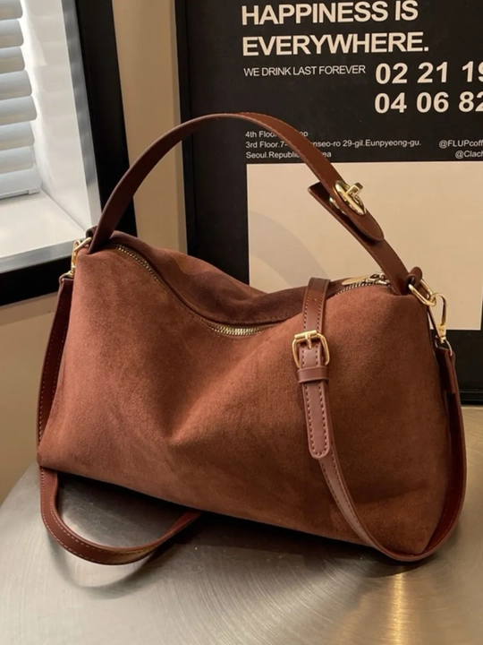 Ayollar zamshali hobo tote sumkasi, yelkaga, qisqa tutqich va uzun tasma bilan - 