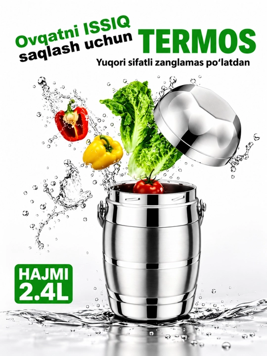 Termos idish, metall ovqat saqlash konteyneri, 3 qismli, 2,4 L