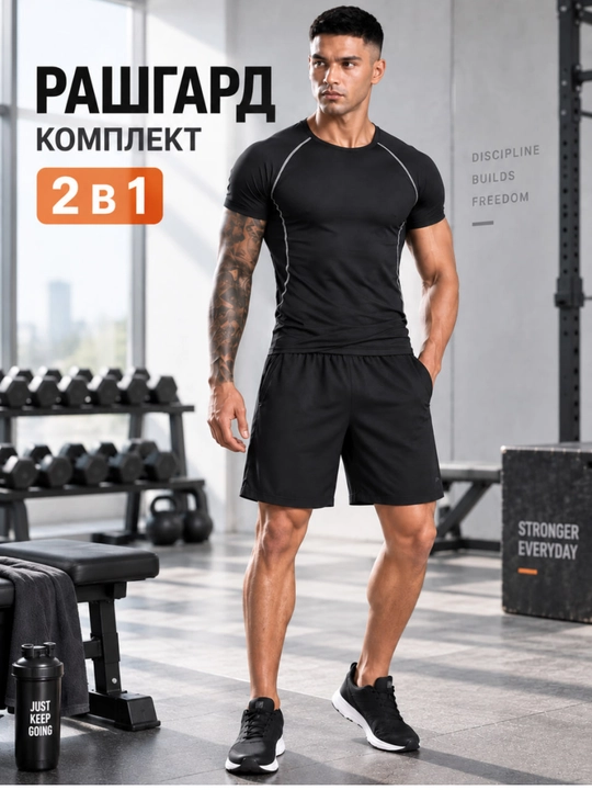 Erkaklar uchun 2 tasi 1 da to‘plamli rashgard, fitnes uchun sport kiyimi, M-4XL o‘lchamda - 
