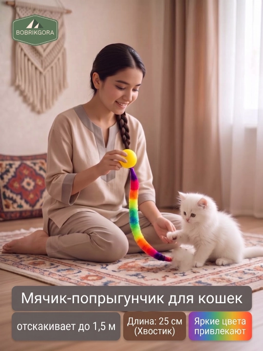 Игрушка для кошек и котят мячик попрыгунчик с пушистым хвостиком