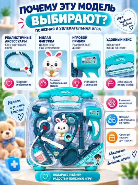 Набор доктора для детей 3+ лет, игровой медицинский набор-чемоданчик, розовый для игры