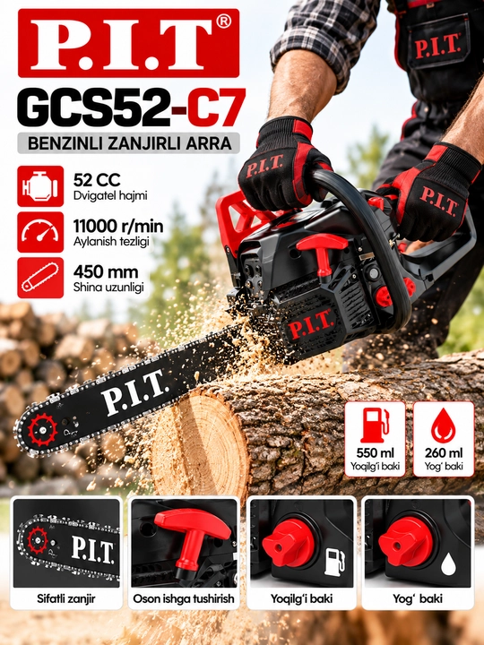 Бензиновая цепная пила P.I.T. GCS52-C7 52CC, шина 450 мм