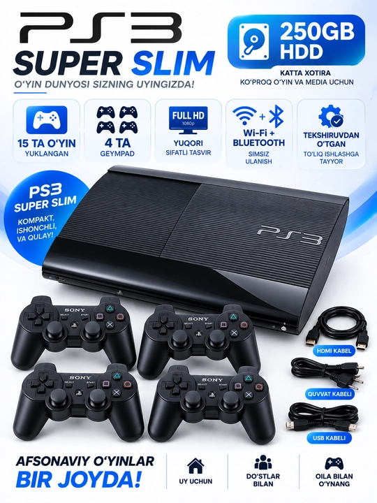 Sony PlayStation 3 Super Slim, 250/320/500GB HDD, 4 ta geympad, qora - 