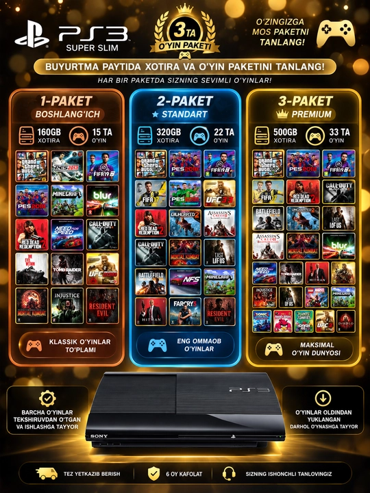 Sony PlayStation 3 Super Slim, 250/320/500GB HDD, 4 ta geympad, qora