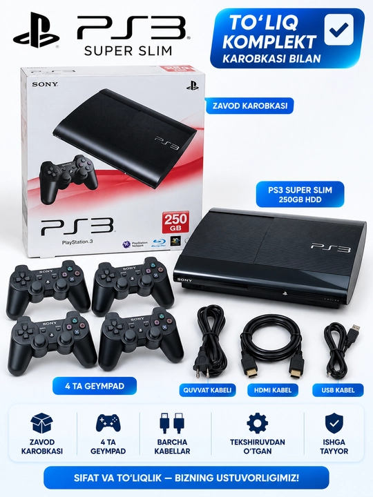 Sony PlayStation 3 Super Slim, 250/320/500GB HDD, 4 ta geympad, qora