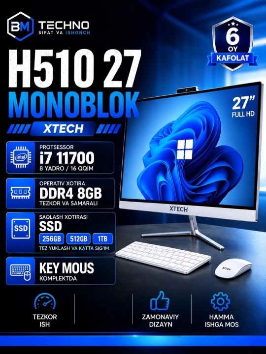 Monoblok Xtech,27 H510,Intel Core i7-11700T,DDR4 8GB,SSD 256GB,512GB,Keyboard + Mouse - 