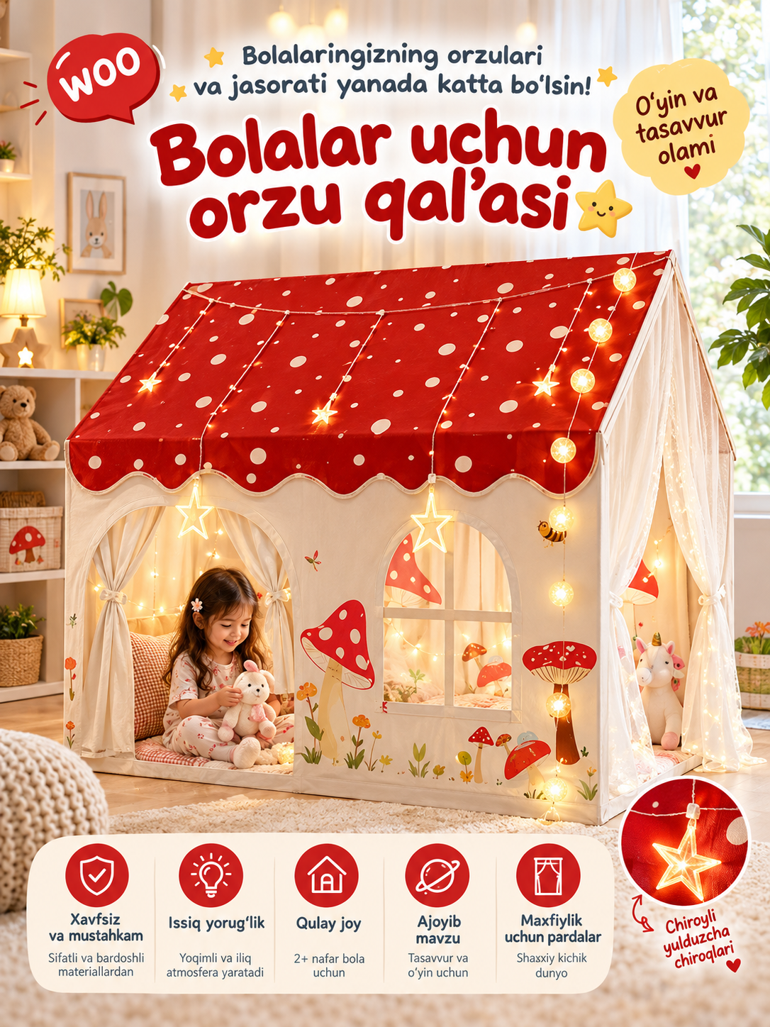 Bolalar uchun o‘yin uychasi, 120x100x130 sm - 