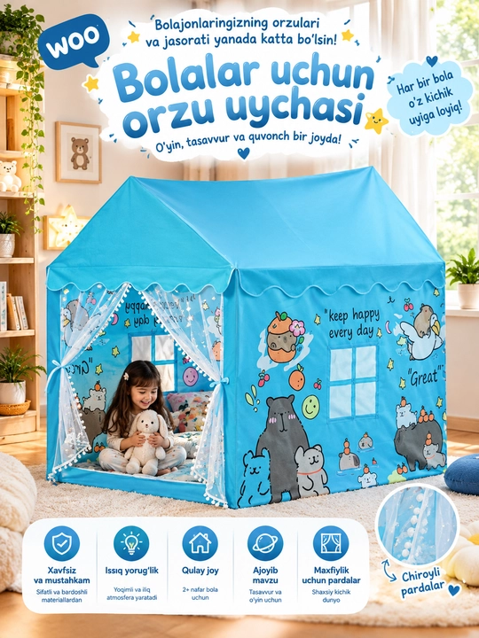 Bolalar uchun o‘yin uychasi, 120x100x130 sm - 