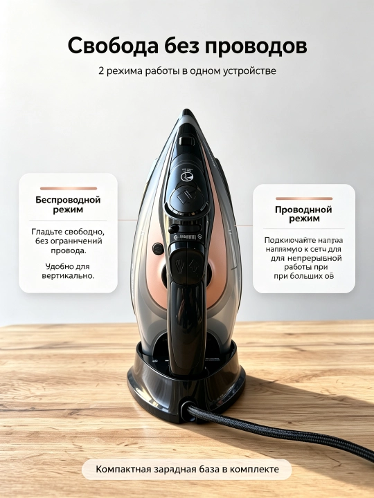 Simsiz bug'li dazmol SOKANY AJ-2085, 2400 Vt, sopol taglik, bug' ko'tarish 150 g/min