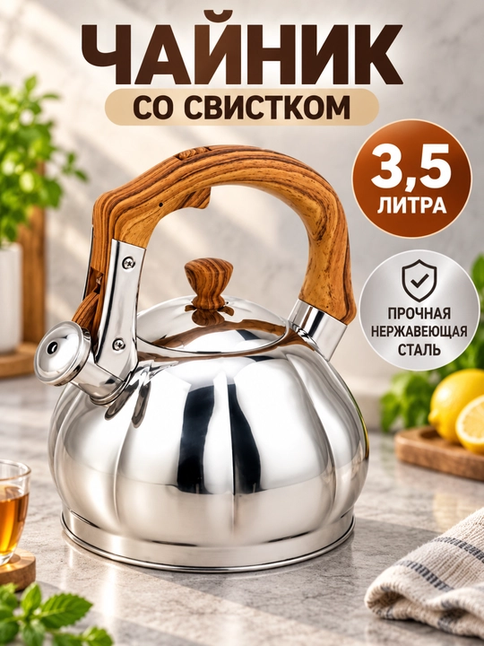 Чайник со свистком  нержавеющая сталь, для газовых и электрических плит - 