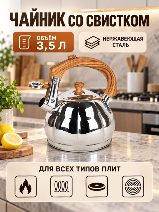 Чайник со свистком  нержавеющая сталь, для газовых и электрических плит