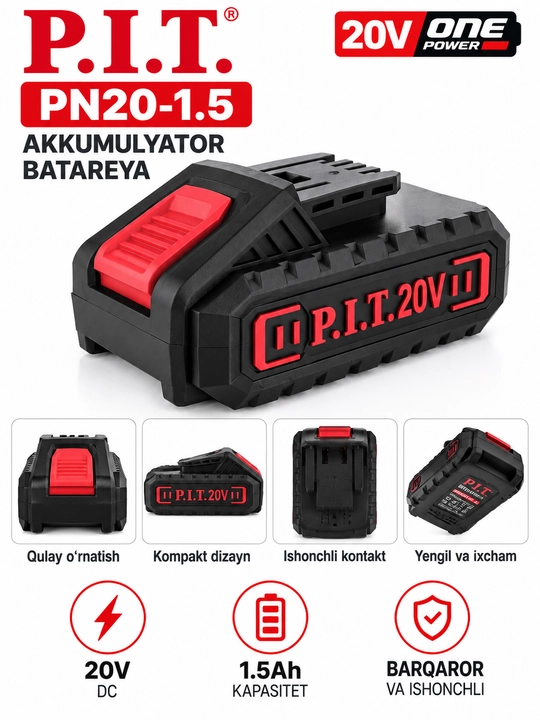 Akkumulyatorli batareya P.I.T.PN20-1.5   20V 1.5Ah