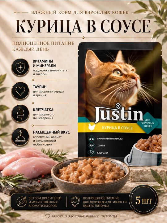 Justin mushuklar uchun nam yem sousdagi tovuq go‘shti 75 gr 5 dona - 
