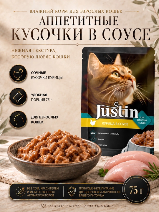 Justin mushuklar uchun nam yem sousdagi tovuq go‘shti 75 gr 5 dona