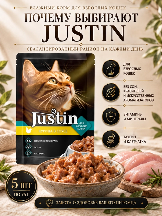 Justin mushuklar uchun nam yem sousdagi tovuq go‘shti 75 gr 5 dona