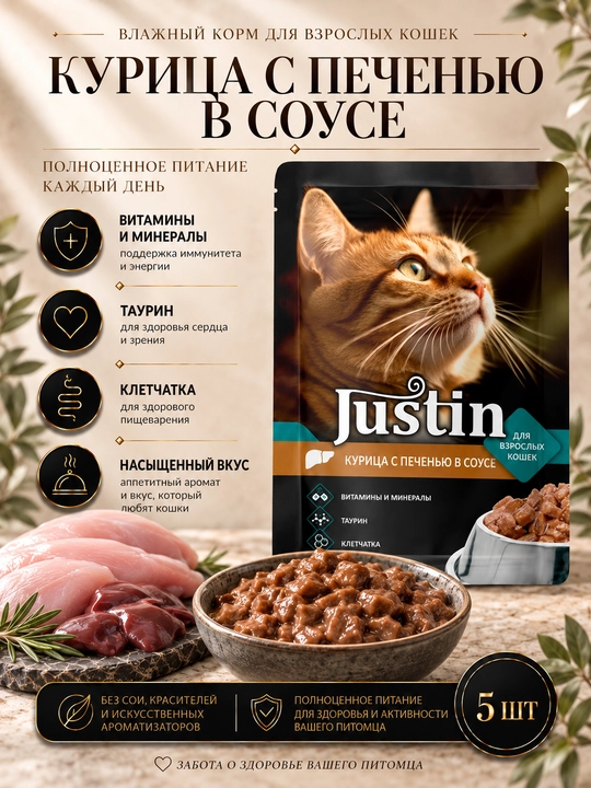 Justin mushuklar uchun nam yem jigarli tovuq go‘shti sousda 75 gr 5 dona - 