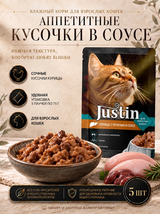 Justin mushuklar uchun nam yem jigarli tovuq go‘shti sousda 75 gr 5 dona