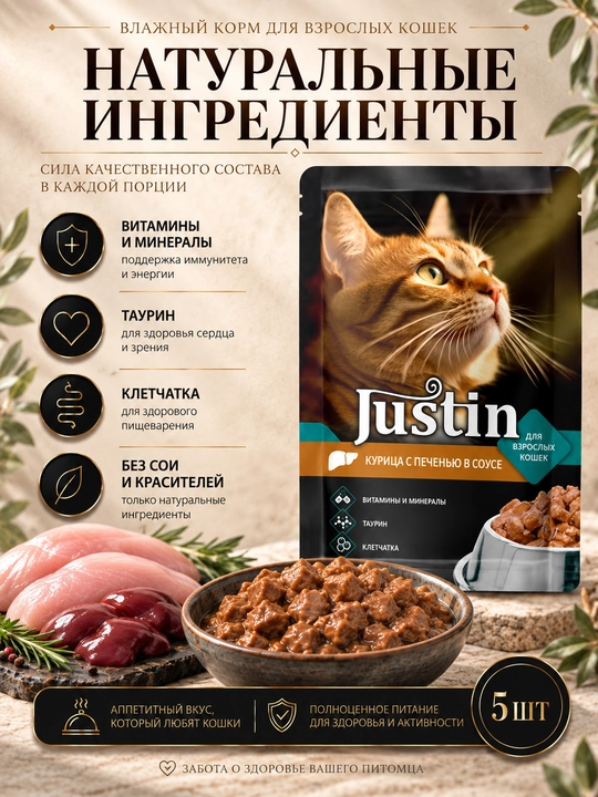 Justin mushuklar uchun nam yem jigarli tovuq go‘shti sousda 75 gr 5 dona