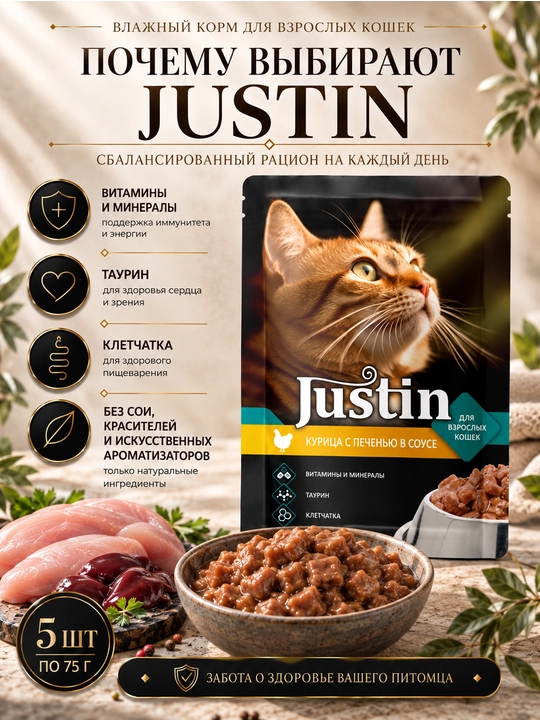 Justin mushuklar uchun nam yem jigarli tovuq go‘shti sousda 75 gr 5 dona