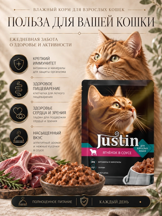 Justin mushuklar uchun nam yem qo‘zi go‘shti sousda 75 gr 5 dona