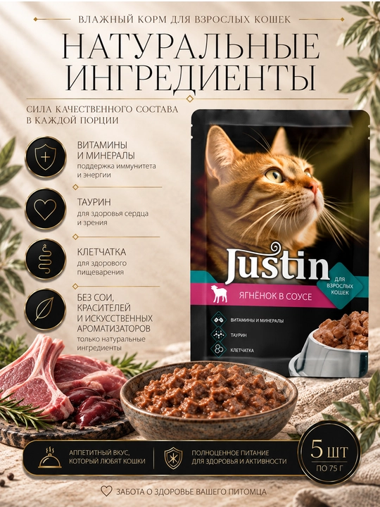 Justin mushuklar uchun nam yem qo‘zi go‘shti sousda 75 gr 5 dona