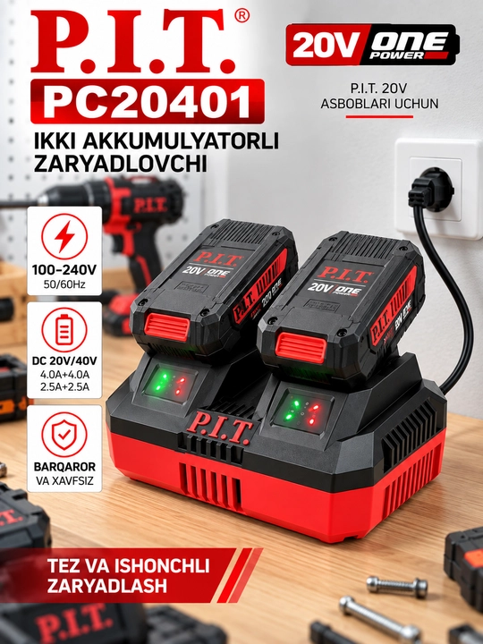 Зарядное устройство P.I.T. PC20401 20V/40V для двух аккумуляторов