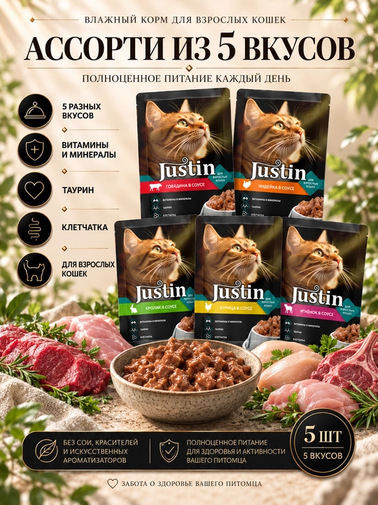 Justin mushuklar uchun nam yem assorti 5 ta ta’m 75 gr 5 dona - 