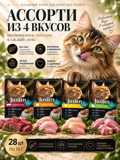 Justin mushuklar uchun nam yem assorti 4 ta ta’m 75 gr 28 dona - 